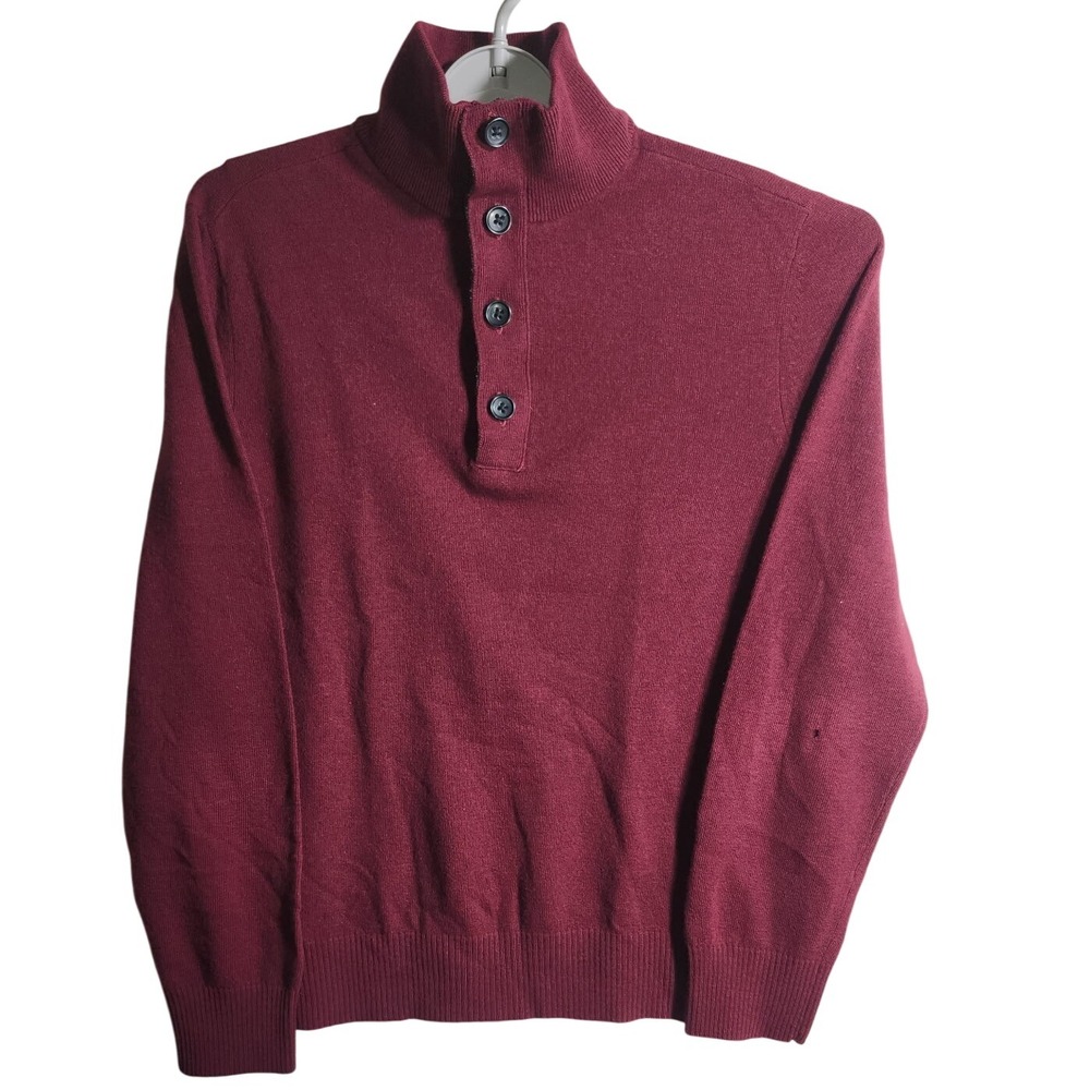 Banana Republic Burgundy Mock Neck Button Quarter‎ MERINO Sweater Men's M FLAW